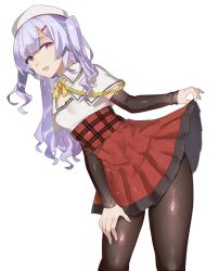 Rule 34 | 1girl, :d, aiguillette, ajax (azur lane), arm warmers, azur lane, beret, black pantyhose, breasts, capelet, cleavage, clothes lift, cowboy shot, eyebrows, facing away, fingernails, hair ornament, hairclip, hand on own thigh, hat, high-waist skirt, leaning, leaning forward, legs apart, lifting own clothes, long hair, looking away, looking to the side, miniskirt, open mouth, pantyhose, pink eyes, pleated skirt, purple hair, red skirt, ribbon, shirotae moyashi, shirt, simple background, skirt, skirt lift, small breasts, smile, solo, standing, two side up, white background, white capelet, white hat, white shirt, yellow ribbon