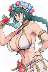 1girl aqua_hair armlet bare_arms bare_shoulders bead_bracelet beads bikini blue_flower bracelet breasts cleavage commentary fire_emblem fire_emblem_heroes flower folding_fan gonzarez hair_between_eyes hair_flower hair_ornament hand_fan hand_on_own_hip highres holding holding_fan jewelry large_breasts long_braid long_hair looking_at_viewer navel nintendo official_alternate_costume parted_lips pink_flower sarong seashell shell shell_hair_ornament simple_background solo stomach swimsuit thorr_(fire_emblem) upper_body white_background white_bikini yellow_eyes