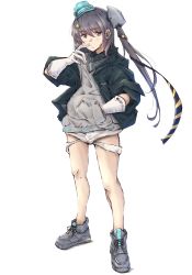 Rule 34 | 1girl, alternate costume, aqua hat, black jacket, black ribbon, commentary request, full body, garrison cap, gloves, grey eyes, grey hair, grey sweater, hair ornament, hair ribbon, hand in pocket, hat, highres, jacket, kantai collection, ld (luna dial398), long hair, looking at viewer, open clothes, open jacket, ribbon, scamp (kancolle), shorts, side ponytail, solo, standing, star (symbol), star hair ornament, sweater, torn clothes, torn shorts, white gloves, white shorts