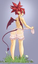 Rule 34 | 1girl, ass, back, bloomers, borvar, breasts, demon girl, demon tail, demon wings, disgaea, earrings, etna (disgaea), from behind, grass, highres, jewelry, looking at viewer, makai senki disgaea, pink hair, plant, pointy ears, see-through, skull earrings, small breasts, solo, tail, topless, twintails, underwear, water, wet, wet bloomers, wet clothes, wet hair, white bloomers, wings, wringing clothes