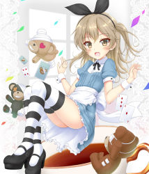 Rule 34 | 1girl, :d, ace (playing card), ace of diamonds, apron, bandages, black footwear, black hairband, black ribbon, blue dress, blush, boko (girls und panzer), breasts, brown eyes, brown hair, card, commentary request, cup, diamond (shape), doily, dress, eyepatch, flipper, frilled apron, frills, girls und panzer, hair between eyes, hair ribbon, hairband, hands up, heart, heart-shaped eyes, high heels, highres, long hair, looking at viewer, mary janes, medical eyepatch, one side up, open mouth, playing card, puffy short sleeves, puffy sleeves, ribbon, shimada arisu, shoes, short sleeves, small breasts, smile, solo, striped clothes, striped thighhighs, tea, teacup, thighhighs, waist apron, white apron, window, wrist cuffs