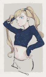 Rule 34 | 1girl, blonde hair, blue eyes, blue shirt, blunt bangs, border, cropped legs, cropped shirt, grey background, hair flip, hair ornament, hand up, highres, idolmaster, idolmaster cinderella girls, imay3927, light blush, long sleeves, mary cochran, midriff, navel, outside border, parted lips, shirt, simple background, solo, stomach, twintails, white border