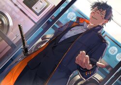 Rule 34 | 1boy, bags under eyes, black gloves, blue hair, collared coat, collared shirt, fate/grand order, fate (series), gloves, highres, holding, holding sword, holding weapon, jacket, katana, long sleeves, looking at viewer, male focus, pants, saitou hajime (fate), sheath, sheathed, shirt, short hair, smile, solo, sword, uni (nico02), weapon, white shirt