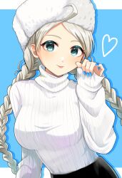 Rule 34 | 1girl, absurdres, ahoge, alternate costume, ayaca, blue background, blue eyes, blue nails, braid, breasts, commission, commissioner upload, fire emblem, fire emblem fates, fur hat, hat, heart, highres, large breasts, long hair, looking at viewer, low twin braids, low twintails, nail polish, nina (fire emblem), nintendo, non-web source, parted bangs, skeb commission, solo, sweater, tongue, tongue out, turtleneck, turtleneck sweater, twin braids, twintails, upper body, ushanka, white hair, white headwear, white sweater
