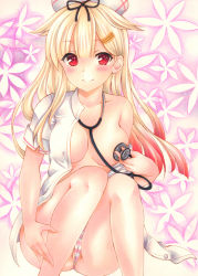Rule 34 | 1girl, black ribbon, blonde hair, blush, breasts, closed mouth, collarbone, covered erect nipples, feet out of frame, gradient hair, hair flaps, hair ornament, hair ribbon, hairclip, hat, highres, kantai collection, long hair, looking at viewer, marker (medium), medium breasts, multicolored hair, nurse cap, open clothes, open shirt, panties, partially visible vulva, red eyes, red hair, ribbon, saya pr, shirt, short sleeves, single bare shoulder, sitting, smile, solo, stethoscope, straight hair, striped clothes, striped panties, thighs, traditional media, two-tone hair, underwear, white hat, white shirt, yuudachi (kancolle), yuudachi kai ni (kancolle)