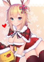 Rule 34 | 1girl, akai haato, alternate costume, animal ears, antlers, bell, blonde hair, blue eyes, breasts, christmas, cleavage, commentary request, haaton (akai haato), hair ribbon, heart, hololive, horns, large breasts, long hair, looking at viewer, pig, ribbon, santa costume, smile, solo, thighhighs, virtual youtuber, yoshiheihe