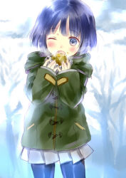 Rule 34 | 1girl, ;o, blue hair, blue pantyhose, blush, breath, coat, eating, food, food on face, hanekoto, jacket, one eye closed, open mouth, original, pantyhose, pleated skirt, skirt, solo, white skirt, wink, winter clothes