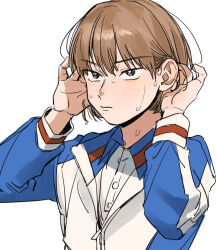 Rule 34 | 1boy, brown eyes, brown hair, coincoinco, fuji shuusuke, hair behind ear, hair between eyes, jacket, looking afar, male focus, serious, sportswear, sweat, sweatdrop, tennis no ouji-sama, tennis uniform, track jacket, tsurime, tucking hair, upper body, white background