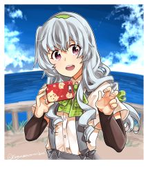 Rule 34 | 1girl, alternate eye color, arm warmers, blue sky, bow, bowtie, braid, cellphone, cloud, cloudy sky, day, grass, green hairband, hair ornament, hairband, holding, holding phone, kantai collection, long hair, looking at viewer, ocean, open mouth, phone, purple eyes, sagamiso, school uniform, shirt, short sleeves, silver hair, single braid, skirt, sky, smartphone, smile, solo, suspenders, twitter username, upper body, water, wavy hair, white shirt, yamagumo (kancolle)