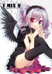 Rule 34 | 10s, 1girl, :d, black thighhighs, black wings, breasts, cleavage, drill hair, fingers together, hairband, idolmaster, idolmaster cinderella girls, kanzaki ranko, lolita hairband, open mouth, red eyes, sazaki ichiri, sitting, smile, solo, steepled fingers, thighhighs, twin drills, twintails, wings