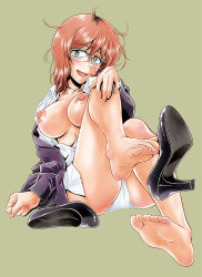 Rule 34 | 10s, 1girl, barefoot, blush, breasts, dagashi kashi, feet, foot focus, glasses, hand on own knee, high heels, large breasts, looking at viewer, messy hair, nipples, office lady, open clothes, open mouth, open shirt, orange hair, owari hajime, panties, pantyshot, shirt, shoe dangle, shoes, unworn shoes, short hair, single shoe, sitting, soles, toes, topless, underwear, white panties