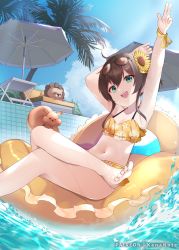 Rule 34 | 1girl, ahoge, barefoot, bikini, blue eyes, blush, brown hair, hair ornament, hololive, innertube, looking at viewer, matsurisu, md5 mismatch, mujinbensin, natsuiro matsuri, natsuiro matsuri (hololive summer 2019), navel, open mouth, resolution mismatch, side ponytail, smile, solo, source smaller, swim ring, swimsuit, virtual youtuber