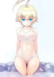 Rule 34 | 1girl, ahoge, blazblue, blonde hair, blue eyes, breasts, covered erect nipples, es (xblaze), highres, johan (johan13), looking at viewer, medium breasts, navel, nipples, one-piece swimsuit, onsen, pussy, see-through, short hair, sitting, solo, swimsuit, wading, white one-piece swimsuit