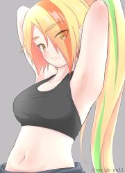 Rule 34 | 1girl, absurdres, armpits, arms behind head, arms up, black sports bra, blonde hair, closed mouth, commentary, eyes visible through hair, frown, grey background, hair over one eye, highres, light green hair, looking at viewer, multicolored hair, navel, nikaidou saki, oze (xyz go go11), ponytail, simple background, solo, sports bra, streaked hair, twitter username, upper body, zombie land saga