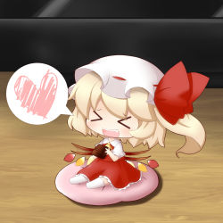 Rule 34 | &gt; &lt;, 1girl, :d, ascot, bad id, bad pixiv id, blonde hair, blush, chibi, chocolate, closed eyes, cocozasa, cushion, fang, female focus, flandre scarlet, flapping, happy, hat, hat ribbon, heart, mini person, minigirl, mob cap, open mouth, ribbon, shirt, side ponytail, sitting, skirt, skirt set, smile, solo, spoken heart, touhou, white hat, wings, xd