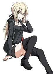 Rule 34 | 1girl, artoria pendragon (all), artoria pendragon (fate), black footwear, black jacket, black ribbon, black shirt, black shorts, black thighhighs, blonde hair, boots, breasts, cleavage, collarbone, commentary request, fate/grand order, fate (series), hair between eyes, hair ribbon, jacket, jewelry, looking at viewer, medium breasts, necklace, official alternate costume, ribbon, saber alter, saber alter (ver. shinjuku 1999) (fate), shirt, shiseki hirame, short shorts, shorts, simple background, solo, thigh boots, thighhighs, white background, yellow eyes