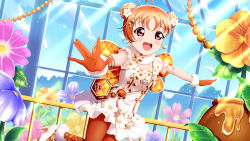 Rule 34 | 1girl, animal print, artist name, artist request, blue sky, blush, braid, breasts, brown gloves, brown legwear, butterfly print, butterfly wings, buttons, cleavage, cloud, day, double bun, dress, earrings, female focus, flower, flower dress, frilled skirt, frills, fur-trimmed gloves, fur collar, fur trim, gloves, hair bun, hair flower, hair ornament, hairclip, high heels, highres, honey pot, honeycomb earrings, honeycomb hair ornament, honeycomb ornament, indoors, insect wings, jewelry, looking at viewer, love live!, love live! school idol festival, love live! school idol festival all stars, love live! sunshine!!, miniskirt, orange gloves, orange hair, orange legwear, orange wings, outstretched arms, parted lips, plaid, plaid dress, plaid skirt, pleated, pleated dress, pleated skirt, puffy short sleeves, puffy sleeves, red eyes, short hair, short sleeves, side braid, signs of spring (love live!), single braid, skirt, sky, small breasts, smile, solo, sunlight, takami chika, white dress, white flower, white footwear, white skirt, window, wings