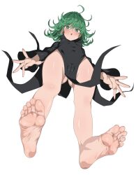 Rule 34 | 1girl, bare legs, barefoot, blush, feet, from below, full body, green eyes, green hair, highres, kere domo, legs, looking down, one-punch man, simple background, soles, solo, standing, tagme, tatsumaki, toes