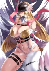 Rule 34 | 1girl, angel wings, angewomon, armpit crease, arms behind back, asymmetrical clothes, bad id, bad pixiv id, bare shoulders, belt, blonde hair, blush, boots, breasts, chain, chained, cleavage, clothing cutout, commentary, covered collarbone, covered eyes, digimon, digimon (creature), elbow gloves, fary5, gloves, grey background, groin, hagoromo, heavy breathing, helmet, highres, kneeling, large breasts, long hair, multiple wings, navel, navel cutout, o-ring, o-ring belt, open mouth, restrained, shawl, sidelocks, simple background, single thigh boot, skindentation, solo, stomach, sweat, thigh boots, thigh strap, thighhighs, underbust, very long hair, white footwear, winged helmet, wings