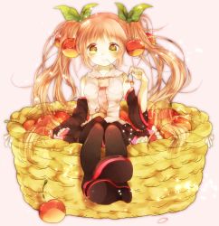 Rule 34 | 1girl, amenosaka nono, bad id, bad pixiv id, basket, black footwear, blush, boots, cherry, detached sleeves, food, fruit, hatsune miku, long hair, mouth hold, necktie, pink hair, sakura miku, sitting, skirt, smile, solo, thigh boots, thighhighs, twintails, very long hair, vocaloid