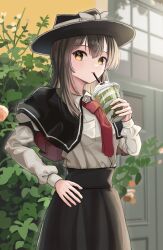 Rule 34 | 1girl, black capelet, black headwear, black skirt, brown hair, bubble tea, capelet, drinking, drinking straw, erisauria, expressionless, hand on own hip, highres, looking at viewer, necktie, red necktie, shirt, skirt, solo, touhou, usami renko, white shirt, yellow eyes