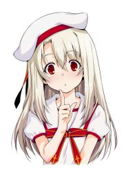 Rule 34 | 1girl, beret, blonde hair, breasts, commentary, crossed bangs, eyes visible through hair, fate/kaleid liner prisma illya, fate (series), finger to mouth, finger to own chin, hair between eyes, hat, highres, homurahara academy school uniform, illyasviel von einzbern, kazuma muramasa, long hair, looking at viewer, neckerchief, parted bangs, puffy short sleeves, puffy sleeves, red eyes, sailor collar, school uniform, serafuku, shirt, short sleeves, small breasts, upper body, white background, white hat, white shirt