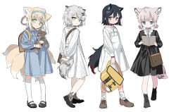 4girls aged_down ahoge alternate_costume animal_ear_fluff animal_ears arknights backpack bag black_dress black_hair blonde_hair blue_dress blue_eyes blue_hairband book braid braided_hair_rings brown_hair closed_mouth collared_dress commentary_request dress fox_ears fox_girl fox_tail grey_eyes grey_hair hair_between_eyes hair_rings hairband holding holding_bag holding_book holding_stuffed_toy kitsune lappland_(arknights) low_twintails multicolored_hair multiple_girls open_book red_eyes red_medicine short_twintails shoulder_bag simple_background smile standing stuffed_animal stuffed_toy sussurro_(arknights) suzuran_(arknights) tail teddy_bear texas_(arknights) twin_braids twintails two-tone_hair white_background white_dress white_hair