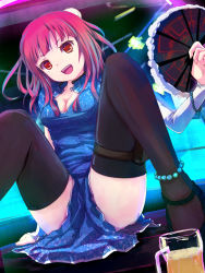 Rule 34 | 1girl, alcohol, beer, black thighhighs, breasts, china dress, chinese clothes, cleavage, dress, female focus, hand fan, happy, hoippu, legs, open mouth, original, red hair, short hair, sitting, solo, spread legs, thighhighs