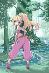 Rule 34 | 1girl, anklet, armlet, back, bangle, bare shoulders, belt, blonde hair, bracelet, breasts, contrapposto, forest, from behind, hand on own hip, harem outfit, harem pants, high heels, highres, jewelry, key, kumakou, long hair, looking back, lots of jewelry, nature, open mouth, pants, pointy ears, ponytail, primm (seiken densetsu 2), seiken densetsu, seiken densetsu 2, small breasts, solo, standing, tree, vambraces, water