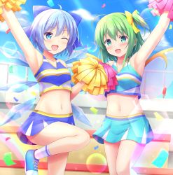 Rule 34 | 2girls, :d, ;d, ahoge, arm up, armpits, blue bow, blue eyes, blue footwear, blue hair, blue skirt, blush, bow, cheerleader, cirno, commentary request, daiyousei, fairy wings, green eyes, green hair, hair bow, hair ribbon, highres, ice, ice wings, looking at viewer, midriff, multiple girls, natsu (927013), navel, one eye closed, open mouth, pom pom (cheerleading), ribbon, shoes, side ponytail, skirt, smile, socks, standing, standing on one leg, thighs, touhou, wings, yellow ribbon