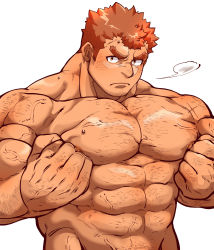 Rule 34 | 1boy, puff of air, abs, bara, blush, brown hair, chest hair, facial hair, goatee, highres, takabushi kengo, kizami nori to yamaimo, large pectorals, long sideburns, male focus, muscular, muscular male, nipples, pectoral squeeze, pectorals, short hair, sideburns, sigh, solo, stubble, thick eyebrows, tokyo houkago summoners, topless male, upper body, white background