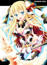 Rule 34 | 1girl, :d, :o, animal ears, axe, bell, neck bell, bikini, blonde hair, blue eyes, bow, breasts, cleavage, collar, colored eyelashes, cow ears, cow girl, cow print, cow tail, cowboy shot, highres, holding, holding weapon, large breasts, long hair, looking at viewer, minotaur (shinkai no valkyrie), official art, open mouth, polearm, ribbon, rod, shinkai no valkyrie, smile, solo, staff, standing, swimsuit, tail, usaginezumi, weapon