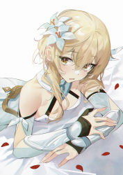 Rule 34 | 1girl, bare shoulders, blonde hair, buri (retty9349), detached sleeves, dress, flower, genshin impact, grey background, hair flower, hair ornament, highres, long hair, looking at viewer, lumine (genshin impact), open mouth, simple background, solo, white dress, white flower, yellow eyes