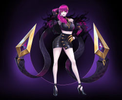 Rule 34 | 1girl, arm behind head, armpits, bare legs, bare shoulders, breasts, contrapposto, darkness, detached sleeves, evelynn (league of legends), full body, fur trim, hair ornament, hand on own hip, hella p, high-waist skirt, high heels, jewelry, k/da (league of legends), k/da evelynn, large breasts, league of legends, lips, lipstick, looking at viewer, makeup, microphone, necklace, pencil skirt, pink hair, pink lips, shirt, skin tight, skirt, sleeveless, sleeveless shirt, smile, solo, tentacles, yellow eyes