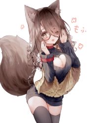 Rule 34 | 1girl, ;d, animal ear fluff, animal ears, black-framed eyewear, black sweater, blush, breasts, brown cardigan, brown eyes, brown hair, cardigan, chain, cleavage, cleavage cutout, clothing cutout, collar, commentary request, dress, ear piercing, fang, fox ears, fox girl, fox tail, glasses, hair over one eye, hands up, heart cutout, highres, large breasts, light up, long hair, long sleeves, looking at viewer, off shoulder, one eye closed, open cardigan, open clothes, open mouth, piercing, red collar, ribbed sweater, short sleeves, simple background, smile, solo, sweater, sweater dress, tail, tail raised, tandohark, teardrop-framed glasses, thighhighs, virtual youtuber, white background, wide sleeves, yuzuki uru
