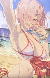 Rule 34 | 1girl, arm up, armpits, bare shoulders, beach, bikini, blue sky, blush, breasts, cleavage, commentary, day, eyes visible through hair, fate/grand order, fate (series), fingernails, hair over one eye, highres, hxxg, large breasts, light purple hair, looking at viewer, mash kyrielight, navel, official alternate costume, open mouth, purple eyes, scrunchie, shore, short hair, sky, smile, stomach, swimsuit, wet, white bikini