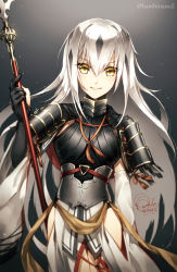 Rule 34 | 1girl, armor, armored dress, artist name, bambi nano, black background, black gloves, black hair, black shirt, commentary request, elbow gloves, fate/grand order, fate (series), gloves, grey hair, hair between eyes, highres, hip vent, holding, holding spear, holding weapon, japanese armor, light smile, long hair, looking at viewer, multicolored hair, nagao kagetora (fate), partially fingerless gloves, polearm, shirt, shoulder armor, signature, simple background, sode, solo, spear, streaked hair, twitter username, very long hair, weapon, white sleeves, wide sleeves, yellow eyes
