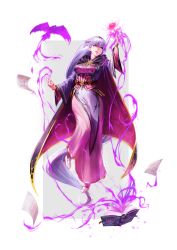 Rule 34 | 1girl, absurdly long hair, absurdres, book, breasts, cape, cloak, commission, commissioner upload, dress, fire emblem, fire emblem: the binding blade, fire emblem cipher, highres, long hair, magic, medium breasts, nintendo, purple eyes, purple hair, signature, simple background, solo, sophia (fire emblem), very long hair, white background, zaekyn