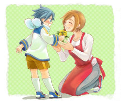Rule 34 | 1boy, 1girl, :d, ^ ^, adapted costume, age difference, aged down, alternate costume, apron, blue eyes, blue scarf, blush, child, closed eyes, comic, couple, flower, gift, green background, happy, holding, holding flower, kaito (vocaloid), kneehighs, long sleeves, looking at another, meiko (vocaloid), meikousei, open m/, open mouth, pants, parted bangs, polka dot, polka dot background, red footwear, rounded corners, scarf, shoes, shorts, smile, sneakers, socks, standing, vocaloid