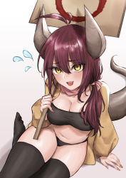 Rule 34 | 1girl, black bra, black panties, black thighhighs, bra, breasts, brown jacket, cleavage, dragon horns, dragon tail, expulse, flying sweatdrops, from above, hair over shoulder, highres, horns, jacket, large breasts, long hair, looking at viewer, navel, no shoes, open clothes, open jacket, open mouth, original, panties, red hair, sitting, smile, solo, stomach, tail, thighhighs, thighs, underwear, yellow eyes