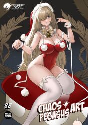 Rule 34 | 1girl, absurdres, ahoge, artist logo, bell, blackmoon studio, blonde hair, blue eyes, blunt bangs, bow, bow legwear, bowtie, breasts, covered navel, detached collar, english text, facing viewer, foot out of frame, grey background, hair over one eye, hands up, hat, highleg, highleg leotard, highres, large breasts, leotard, long hair, looking to the side, neck bell, one eye covered, original, parted lips, pom pom (clothes), red hat, red leotard, santa hat, sitting, solo, strapless, strapless leotard, thighhighs, very long hair, white bow, white thighhighs, wrist cuffs, yellow bow, yellow bowtie
