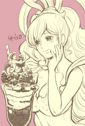 Rule 34 | 1boy, 1girl, blush, breasts, cleavage, food, fruit, giant, giantess, highres, looking at another, monkey d. luffy, monochrome, one piece, parfait, shirahoshi, spoon, straw, strawberry