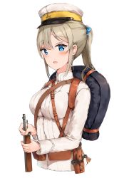 Rule 34 | 1girl, bad id, bad pixiv id, blonde hair, blue eyes, blue ribbon, breasts, gun, hair ribbon, hat, highres, holding, holding gun, holding weapon, imperial japanese army, large breasts, military, military hat, military uniform, original, peaked cap, ponytail, ribbon, rifle, sidelocks, simple background, solo, syotastar, uniform, upper body, weapon, white background