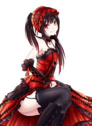 Rule 34 | 10s, 1girl, black hair, black thighhighs, breasts, choker, cleavage, clock, clock eyes, collarbone, date a live, detached sleeves, dress, garter straps, gothic lolita, grin, hairband, heterochromia, highres, lolita fashion, lolita hairband, long hair, looking at viewer, medium breasts, red dress, red eyes, red ribbon, ribbon, shiira (nya rl), simple background, smile, solo, strapless, strapless dress, symbol-shaped pupils, thighhighs, tokisaki kurumi, twintails, white background, yellow eyes