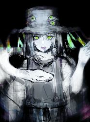 Rule 34 | 1girl, absurdres, commentary, green eyes, hat, highres, looking at viewer, medium hair, migata, mishaguji, monochrome, moriya suwako, psychedelic, shirt, short sleeves, snake, solo, tongue, tongue out, touhou, turtleneck, vest, white shirt, wide sleeves