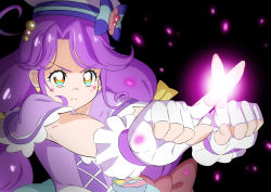 Rule 34 | 1girl, ahoge, bow, cure coral, dress, earrings, facial mark, fingerless gloves, fuchi (nightmare), gloves, hair bow, hat, heart, heart facial mark, jewelry, long hair, magical girl, multi-tied hair, multicolored eyes, multiple hair bows, precure, purple dress, purple eyes, sailor hat, solo, suzumura sango, triangle earrings, tropical-rouge! precure, upper body, white gloves, yellow bow
