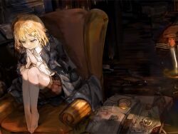 Rule 34 | 1girl, blonde hair, blue eyes, book, candle, chair, dress shirt, fire, funi mu9, highres, hololive, hololive english, jacket, magnifying glass, medium hair, monocle, pocket watch, shirt, shorts, sitting, solo, thighhighs, virtual youtuber, watch, watson amelia