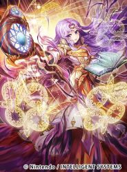 Rule 34 | 1girl, blue eyes, book, bridal gauntlets, chachie, circlet, commentary, company name, copyright name, dress, fire emblem, fire emblem: thracia 776, fire emblem cipher, holding, holding book, jewelry, long hair, looking at viewer, magic, necklace, nintendo, official art, open mouth, outdoors, purple hair, sara (fire emblem), smile, solo, sparkle, staff, very long hair, wide sleeves