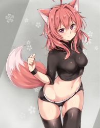 Rule 34 | 1girl, ahoge, animal ears, belt, belt buckle, black shirt, black thighhighs, blush, buckle, closed mouth, cowboy shot, fox ears, fox tail, grey background, hair intakes, impossible clothes, impossible shirt, jiino, long hair, looking at viewer, midriff, mole, mole under eye, navel, original, raika (jiino), red eyes, red hair, shirt, short shorts, shorts, simple background, smile, solo, standing, stomach, tail, thigh gap, thighhighs, wristband