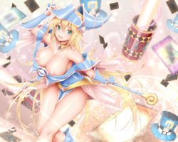 Rule 34 | 1girl, :d, arm guards, arm up, bare shoulders, blonde hair, blue dress, blue footwear, blurry, blurry background, blush, breasts, calcio, card, cleavage, collarbone, commentary request, crossed legs, dark magician girl, dress, duel monster, fang, feet out of frame, floating card, green eyes, hair between eyes, hand up, hat, highres, huge breasts, large breasts, leaning forward, lens flare, lens flare abuse, long hair, looking at viewer, nipple slip, nipples, no bra, off-shoulder dress, off shoulder, open mouth, pentacle, pentagram, shiny skin, sideboob, sidelocks, skin fang, sleeveless, sleeveless dress, smile, solo, sparkle, thighs, top hat, very long hair, wand, wizard hat, yu-gi-oh!